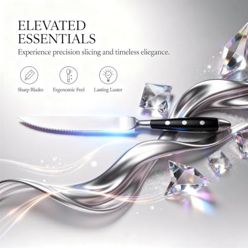 Stainless Steel 6 Piece Dinnerware Set, Silverware Cutlery with Black Bakelite Handles, Mirror Polished Forks, Spoon and Serrated Steak Knives, Ergonomic Tableware for Home Kitchen Parties - Image 3
