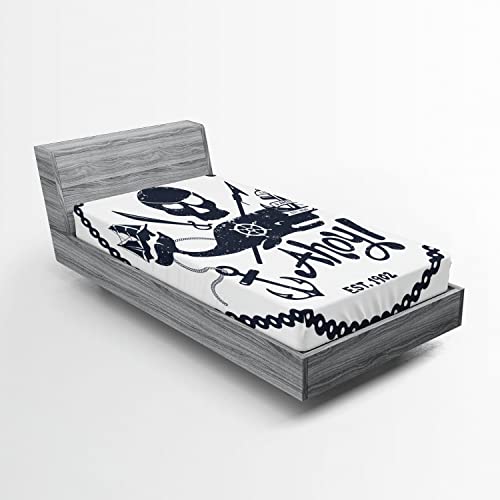 Ambesonne Vintage 2 Pack Fitted Sheet, Nautical Pirate Skull, Bed Cover All-Round Elastic Deep Pockets 2 Pieces, Package Contains 2 Twin XL Size Fitted Sheets, White Blue