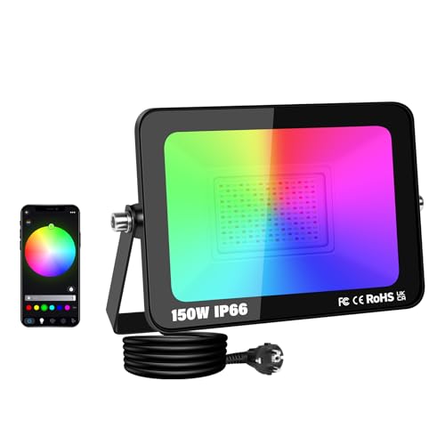 RIGIDON Foco LED Exterior RGBW, 150W 15000LM foco inteligente LED con APP control, RGB Proyector LED Cambio de Color Impermeable IP66 Luz de Inundación con Enchufe para Fiesta, Terraza, Jardin