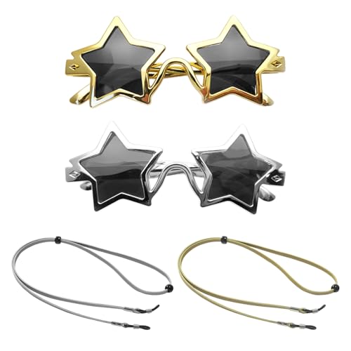 EHDWXVZM 2 pares de gafas de sol con estrella de cinco puntas, 2 piezas de cordones para gafas, gafas de moda con estrella de cinco puntas, gafas de sol de playa, accesorios para fotos de fiesta,