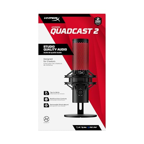 HyperX QuadCast 2, Microphone USB à condensateur pour Gaming/Streaming/Podcast, 4 directivités, Commandes intégrées, éclairage LED, Support Anti Choc Amovible, PC/Mac/PS5/PS4, USB-C, Noir