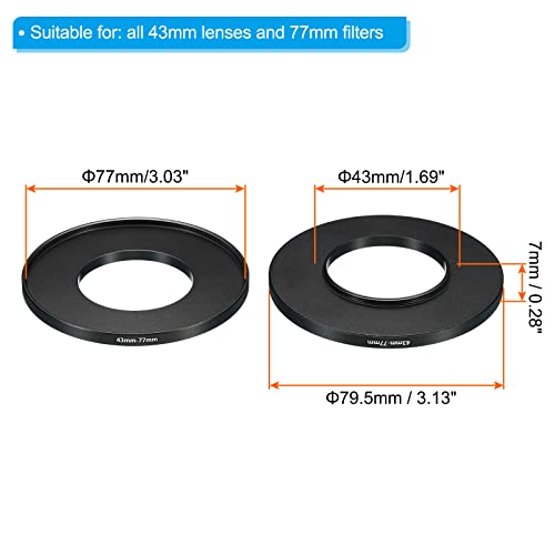 Image of PATIKIL 43mm-77mm Metal Step Up Ring, 2 Pack Camera Lens Filter Adapter Ring Aluminum Filter Adapter Ring for Camera Lenses Hood, Black