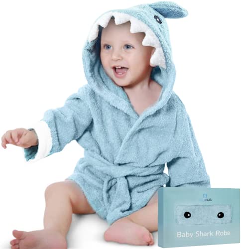Image of BlueMello Baby Shark Bathrobe | Ultra-Soft Blue Hooded Robe for Toddlers 0-6 Months | Essential Bath Towel for Infants | Ideal Newborn Registry and Baby Boy Accessories | Perfect Baby Girl Shower Gift