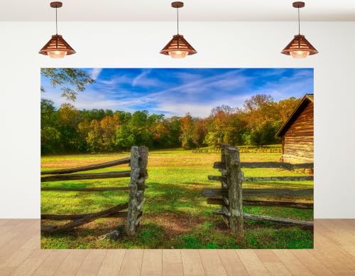 5x4ft Fabric Rustic Split Rail Fence Backdrop Aged Weathered Wood Open Farm Field Autumn Tree Bright Blue Sky Photography Background Tapestry Country Farm Decor Photo Booth Props