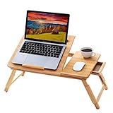 BMH 100% Natural Bamboo Foldable Laptop Desk Adjustable Height Bed Tray Table with Drawer for Eating and Reading Ipad Computer Lap Desk