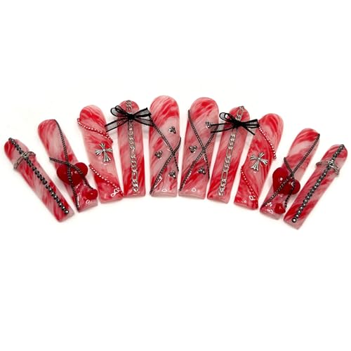 Handcrafted Gothic Red White Marble Press On Nails, Reusable Extra