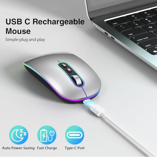 Image of cimetech Rechargeable Wireless Mouse, 2.4G & BT Slim Mouse for MacBook with USB Receiver, Silent Click, 1600 DPI for Office Travel Mac Air Pro /PC /Laptop /Computer-Grey