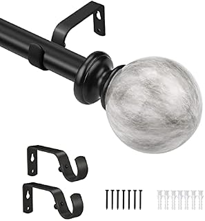 PinLin Curtain Pole with Marble Ball Finials, 56-107cm for Black Curtain Rod with Brackets Fittings Set Curtain Poles for Living Room