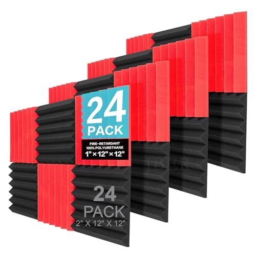 JBER 24 Pack Red and Charcoal Acoustic Panels Studio Foam Wedges Fireproof Soundproof Padding Black Wall Panels 2" X 12" X 12"ââ‚¬¦