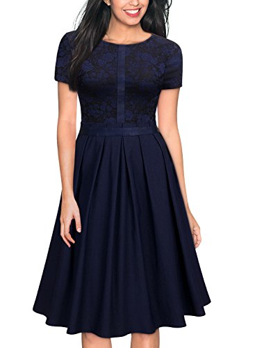 MISSMAY Women's Vintage Short Sleeve Floral Lace Cocktail Party Pleated Swing Dress, Large