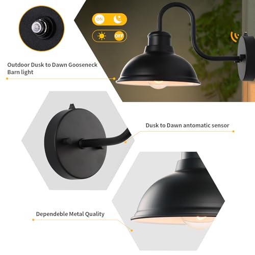 Image of Dusk to Dawn Barn Lights Outdoor Wall Light 8 inch Exterior Lighting Fixtures | Anti-Rust Waterproof Farmhouse Industrial Vintage Matte Black Wall-Mount for Porch /Garage /Patio Yard ETL Listed