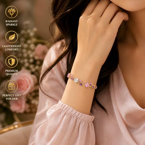 Image of Tulip Bracelet for Women & Girls, Gold Plated Pink Crystal Floral Bracelet, Adjustable Chain Stylish Jewellery, Elegant Gift for Her, Trendy Fashion Accessory