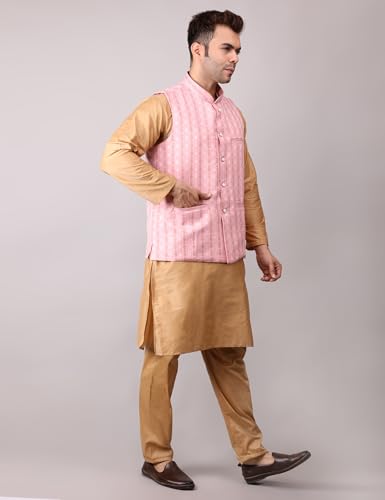 Image of Men's Cotton Silk Blend Regular Kurta Pyjama, Embroidered Nehru Jacket /Waistcoat Set