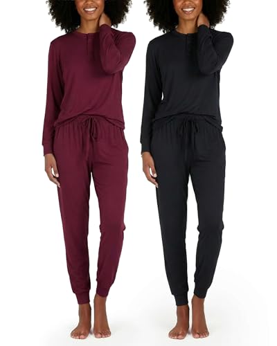 Image of Real Essentials 2 Pack: Women's Soft Long Sleeve Sleep Set - Comfortable Lounge Pull Over Hoodie and Henley Jogger