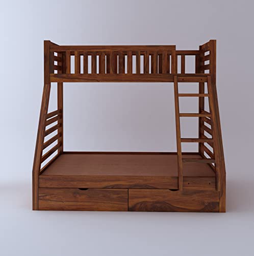 Image of Ganpati Arts Sheesham Wood Italian Bunk Bed Twin Over Bed with Ladder Wooden Bunk Bed with 2 Drawer Storage for Bedroom Living Room and Home (Natural Finish) 1 Year Warranty
