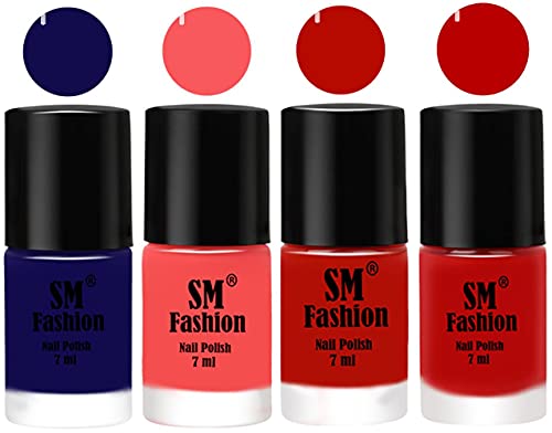 Image of Nail Polish Combo Set (Pack of 4) Quick Dry Gel Finish Nail Paint | Dark Blue,Light Pink,Red Orange,Red | 7 ml Each