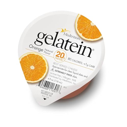 Gelatein Orange: 20 grams of protein. Sugar free. Ideal for clear liquid diets swallowing difficulties bariatric dialysis and oncology. Great pre or post-workout snack. (12 pack)