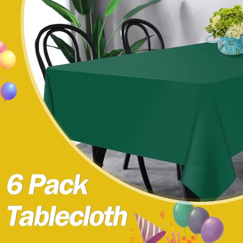 Image of tujol Dark Green 6 Pack Plastic Table Cloth 54 inch x 108 inch, Disposable Tablecloths Rectangle Table Cover, Plastic Tablecloths for Parties