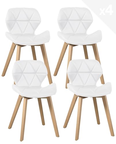 KAYELLES Lot de 4 chaises de Salle à Manger Salon scandinaves, siège Simili Cuir matelassé rembourré, Pieds Bois de hêtre Clair FATI (Blanc)