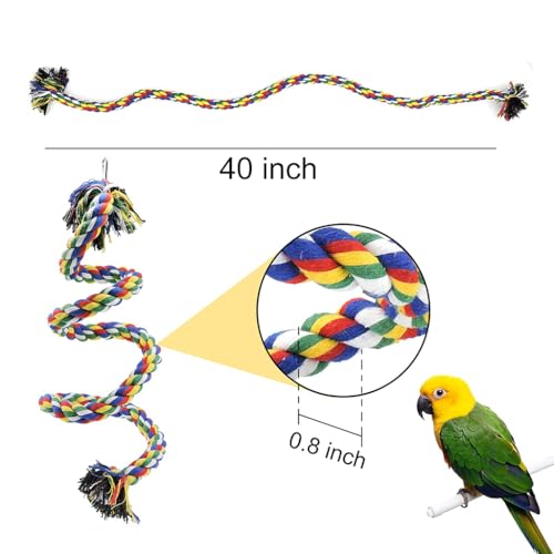 Image of ZIBUYU Birds & Parrot Toy - Rope Perch, Swing & Bungee Climbing Set with Steel Core, Food-Safe & Natural Colors, Chewing, Exercise & Play for Parrot, Cockatiels, Parakeets, (Length1m with Bell)