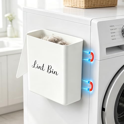 DIRZHX Magnetic Lint Bin with Lid for Laundry Room Compact Plastic Dryer Lint Holder Small Laundry Trash Container for Dryer Lint & Used Dryer Sheets Space Saving Storage Decor Organizer (White)