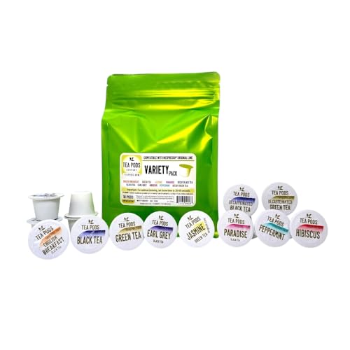 Variety pack tea pods compatible with Nespresso OriginalLine - 18 single-serve capsules hibiscus, english breakfast, peppermint, jasmine, paradise, green and black tea, earl grey bergamot