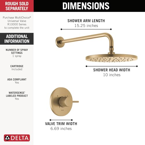 Image of Delta Modern 14 Series Round Rain Shower Faucet Set, Brushed Gold Shower Head and Handle Set, Valve Trim Kit, Champagne Bronze T14269-CZ-PP (Valve Not Included)