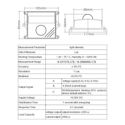 Sensor de iluminación 200000LUX salida analógica 0-5V 0-10V RS485 3