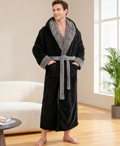 Yoimira Mens Robe with Hood, Big and Tall Plush Fleece Long Robe for Men Full-Length Bathrobe Cozy and Warm With Pockets 6