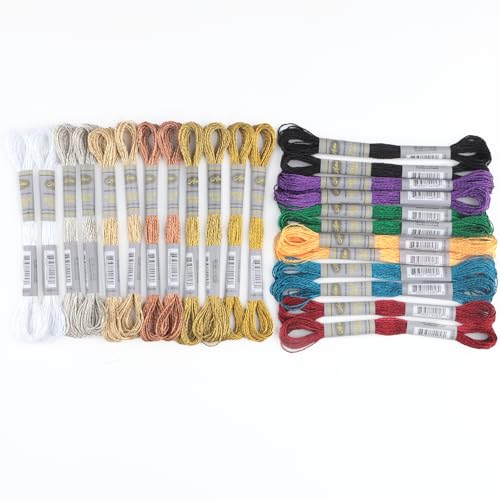 Image of Metallic Embroidery Floss 24 Skeins Set (12 Colors*2 Skeins) Glittery Metal Effect Shinny Cross Stitch Thread for Hand Embroidery, Sewing and DIY Handmade Artwork (12 Colors*2 Skeins-Set 1)