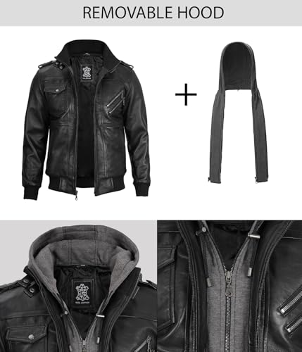 Image of Decrum Detachable Hooded Leather Jacket Men - Real Lambskin Mens Leather Jacket with Hood