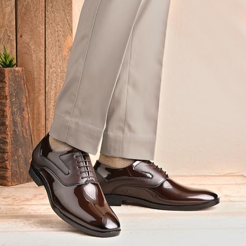 Image of Centrino Men's Formal Glossy Lace-Up Shoes | Patent Leather Oxford Dress Shoes|Comfortable Pointed Toe Formal Shoe| Stylish Looking Footwear for Formal Business Wedding & Office Shoes (9360)