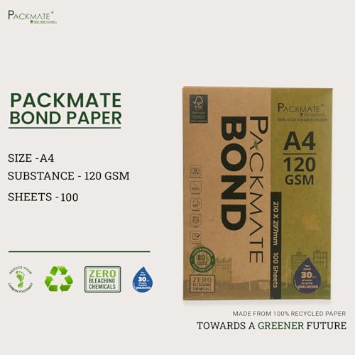 Image of Packmate Recycled Bond Paper |120 GSM | A4 Size |100 Sheets | Natural Shade (Not Bright White) | Unbleached Chemical Free Recycled Paper | Compatible with both Inkjet, Laser jet Printer