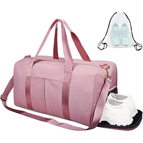 Dry Wet Separated Gym Bag, Sport Gym Duffle Holdall Bag Training Handbag Yoga Bag Travel Overnight Weekend Shoulder Tote Bag with Shoes Compartment for Women Pink Cover