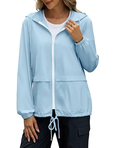 POGTMM Lightweight Packable Rain Jackets for Women Waterproof Windbreaker Jacket with Hood Coat Jackets, S, Light Blue