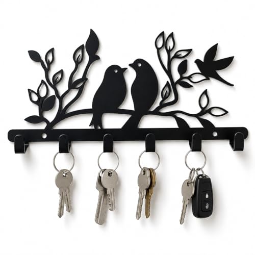 Image of Key Holder for Home, Metal Wall Mounted, 6 Hooks (Birds Desigh) | Cat Design, Includes Mounting Screws, For Home Use, 6 Hook Hanger, Metal Construction