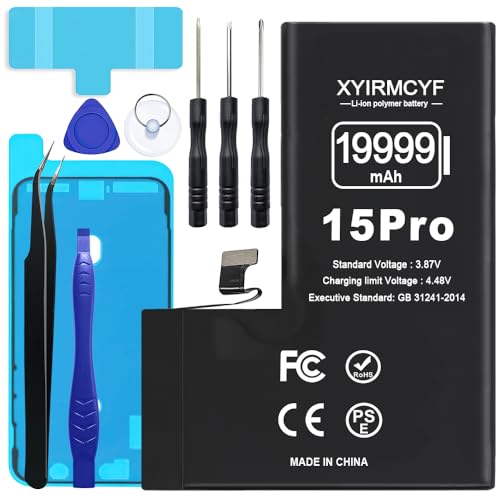 XYIRMCYF 19999mAh Super Capacity Battery Compatible with iPhone 15 Pro 0 Cycle Li-Polymer Replacement Battery for iPhone 15 Pro with Professional Repair Tool Kit
