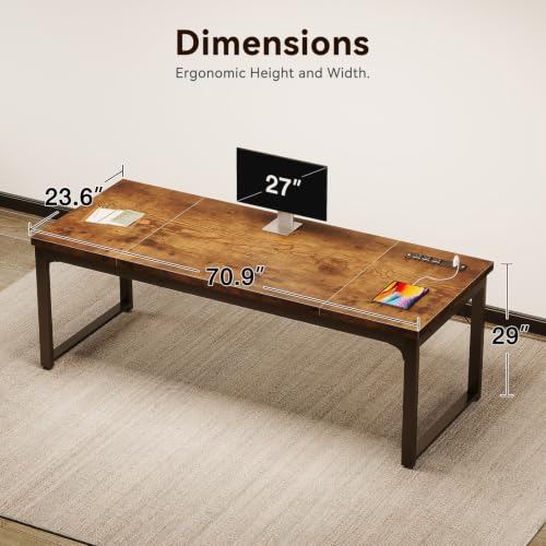 Image of Coleshome 71 Inch Long Computer Desk with Power Outlet, Thicker Desktop & Legs, Large Heavy Duty Office Desk for Home Office & Gaming, Rustic Brown