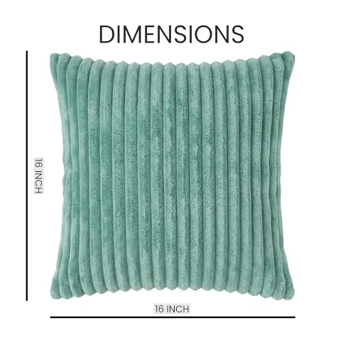 Image of Yellow Weaves Pencil-Stripe Fur Cushion Covers | Soft Polyester | Decorative Sofa & Throw Pillow Covers | 16x16 Inches, Pack of 3 (Sea Green)