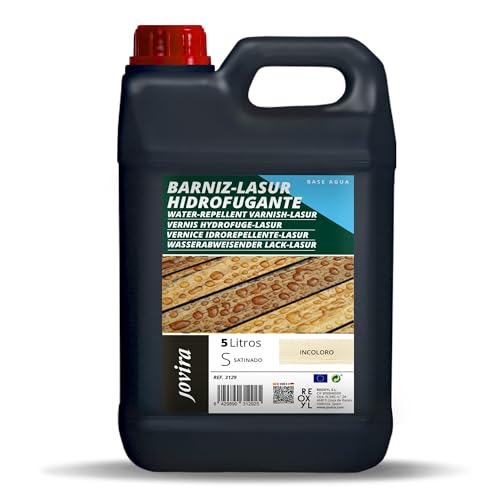 JOVIRA PINTURAS BARNIZ-LASUR Hidrofugante Protector Satinado al Agua. Protege, decora y embellece todo tipo de madera con efecto perlado. (5 Litros, Incoloro) I-36