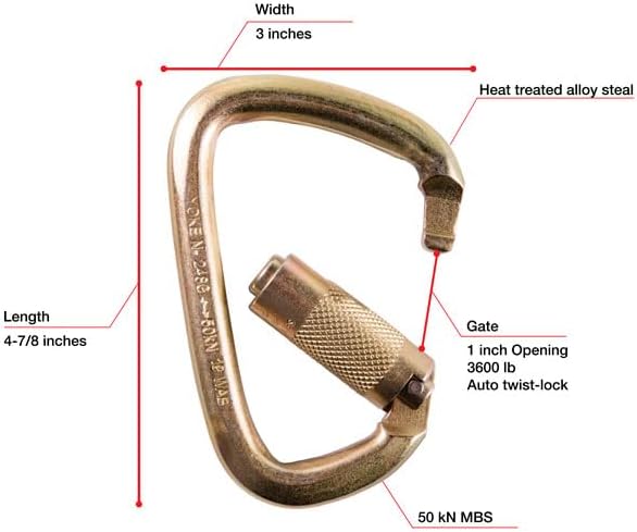 7401 4 7/8 in Steel Carabiner, ANSI 50kN Heavy Duty Auto Twist Lock Carabiner Clip, Construction, Tower Climbing, Utility Fall Protection