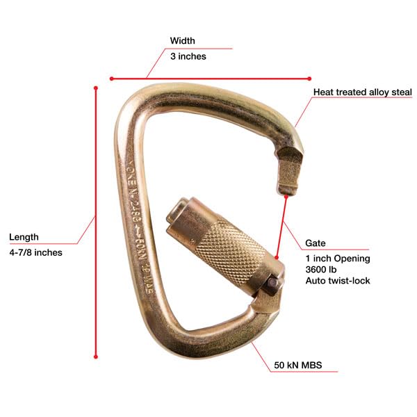 Image of 7401 4 7 /8 in Steel Carabiner, ANSI 50kN Heavy Duty Auto Twist Lock Carabiner Clip, Construction, Tower Climbing, Utility Fall Protection