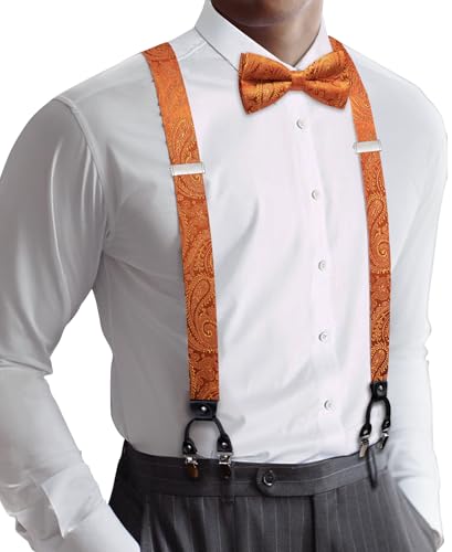 Image of YOHOWA Men Suspenders 6 Clips Strength Adjustable Y Braces Pre-Tied Bow Tie Set Formal Wedding Party