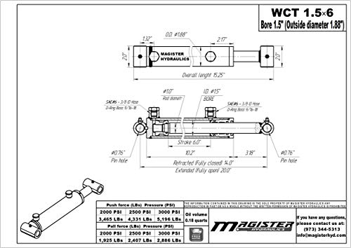Image of Magister Hydraulic Cylinder 1.5 inch Bore x 6 inch Stroke, Welded Hydraulic Ram with Cross Tube Ends, Double Acting Hydraulic Piston 3500 PSI (WCT 1.5x6)