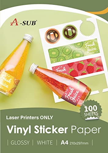 A-SUB Papier autocollant en vinyle imprimable imperméable de qualité supérieure blanc brillant, étiquettes autocollantes en vinyle pour imprimantes Laser, format A4, 100 feuilles