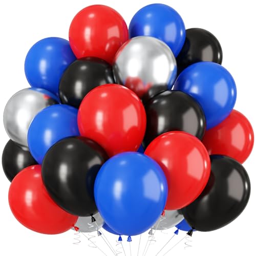 HILAVO Red Blue Black Balloons, 12Inch Red Blue Black and Silver Balloon for Boys Party Kids Spider Theme Birthday Baby Shower Graduation Party Decorations