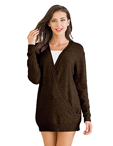 JQJ Women's Casual Deep V Neck Pullover Sweaters, Long Sleeve Knitted Jumper Tops, Wrap Front Loose Blouse (Deep Khaki, XL)