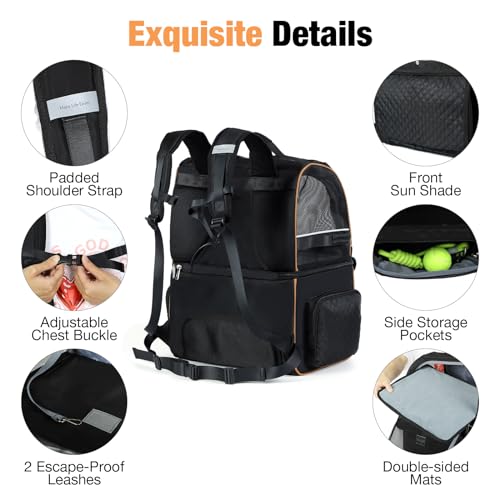 Lekespring Doppellagige Katzen Rucksack für 2 Katzen Große Katzen Transport Rucksack Faltbare Haustier Rucksack für Katzen Hunde bis 11kg - Schwarz