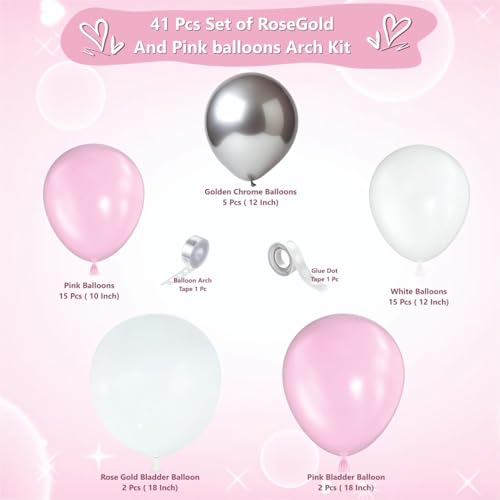 Image of Happy Birthday Balloons Decoration Kit - 41 pcs Pink, White & Silver Chrome Balloons Garland Set for Birthday Decoration | Birthday Party Decoration Set for Celebrations for Kids & Girls