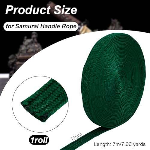 OLYCRAFT 7.7 Yards/7M Green Ito Sageo Wrapping Cord 13mm Wide Silk-cotton Blend Rope Sword Handle Cord Tsukamaki Sageo Wrapping Cord for Japanese Samurai Katana Swords Handle Rope - Image 2